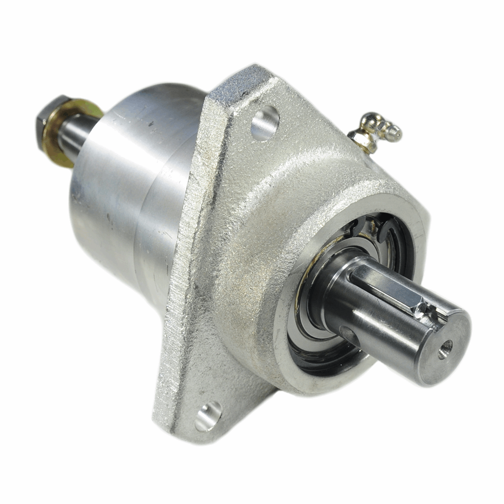 Housing unit assembly for lower saw wheels. Unit is complete ready to install on your saw including: Housing, Shaft, Bearings, Retainers and Greases Back View
