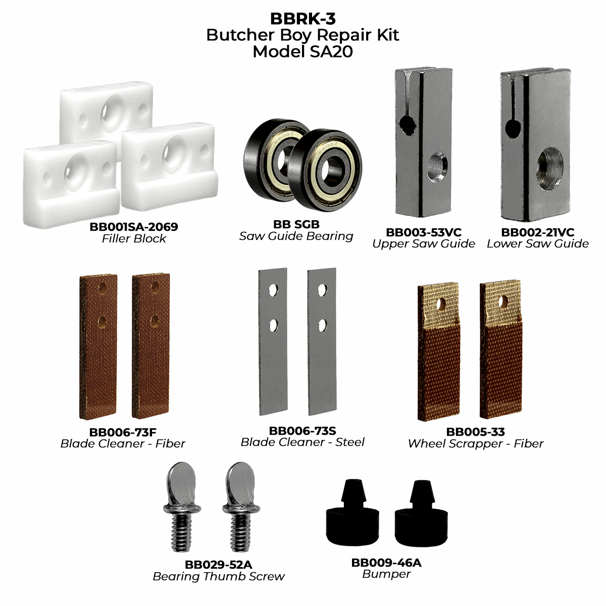 Repair kit for Butcher Boy meat saws. The kits are designed to give you access to the most common wear items. Replaces: BBRK-3 Fits model(s): SA20. contains bb001sa-2069, bbsgb, bb003-53vc, bb002-21vc, bb006-73f, bb006-73s, bb005-33, bb029-52a, bb009-46a